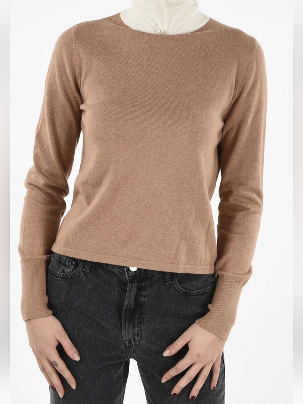 STAUD Urchin Contrast Turtleneck Sweater w/pearl Cream/Camel - Picture 4 of 6